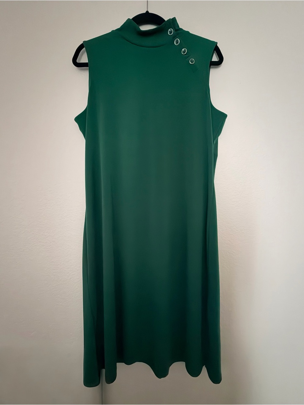 Susan Graver Sleeveless Forest Green Mock Neck Dress with Button Accents